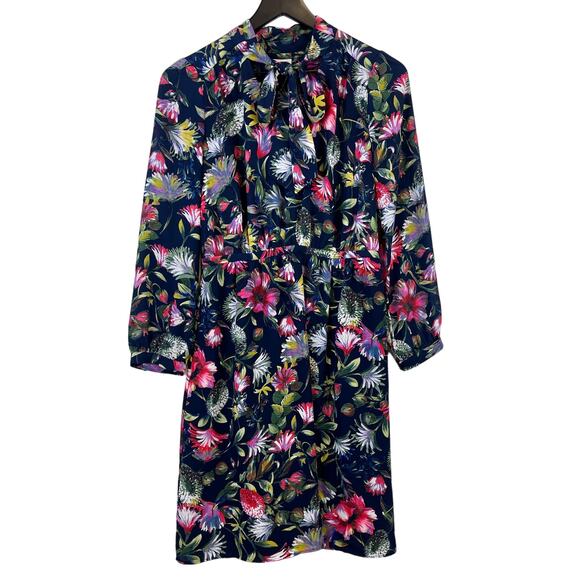 J.Crew XS Floral Tie-Neck Knee Length Dress Navy Blue Fit & Flare Dress - Picture 1 of 13